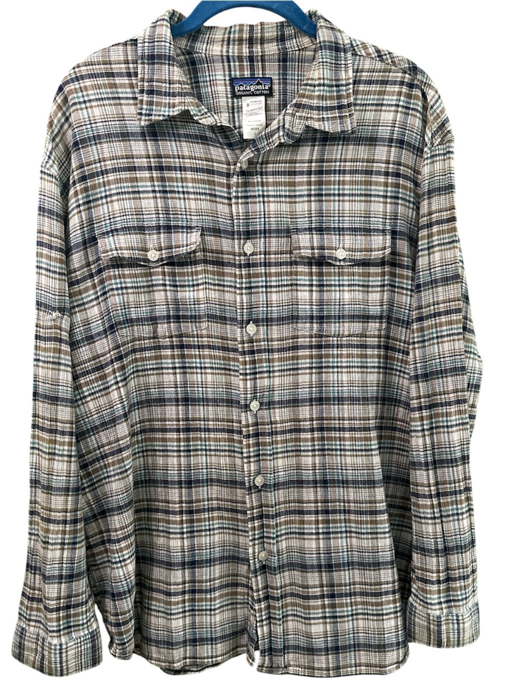 Patagonia Men's Plaid Button-Down Shirt Brown/Gray/Cream 100% Organic Cotton L